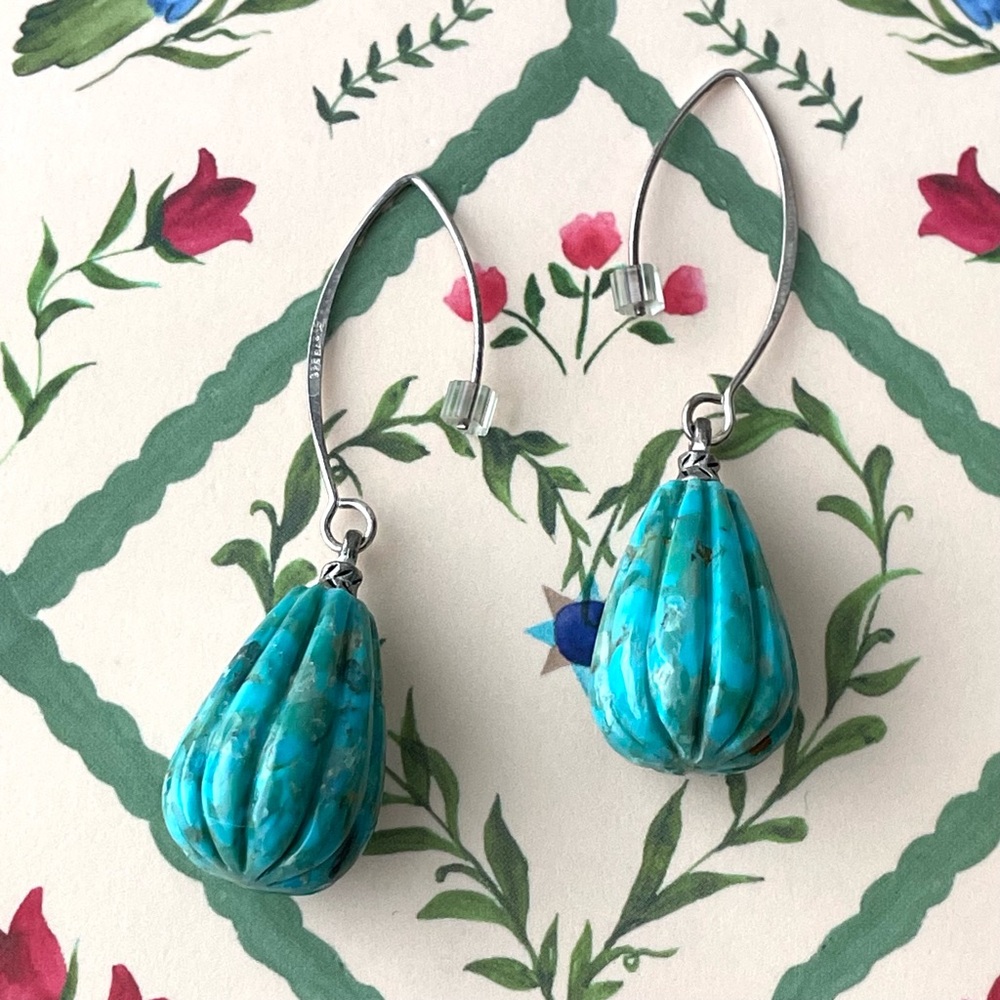 925 sterling silver & blue green turquoise (?) Barse open hook melon earrings